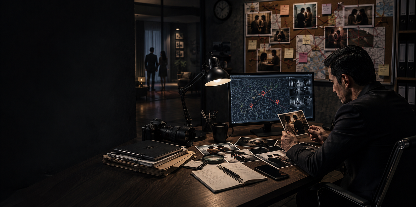 Noir detective's focused investigation scene