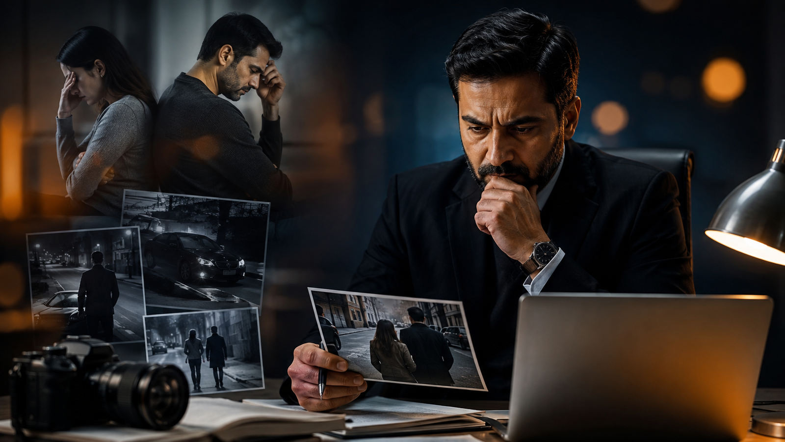 Post matrimonial investigation by a private detective reviewing surveillance evidence and photographs to assess a couple's relationship in a professional office setting.