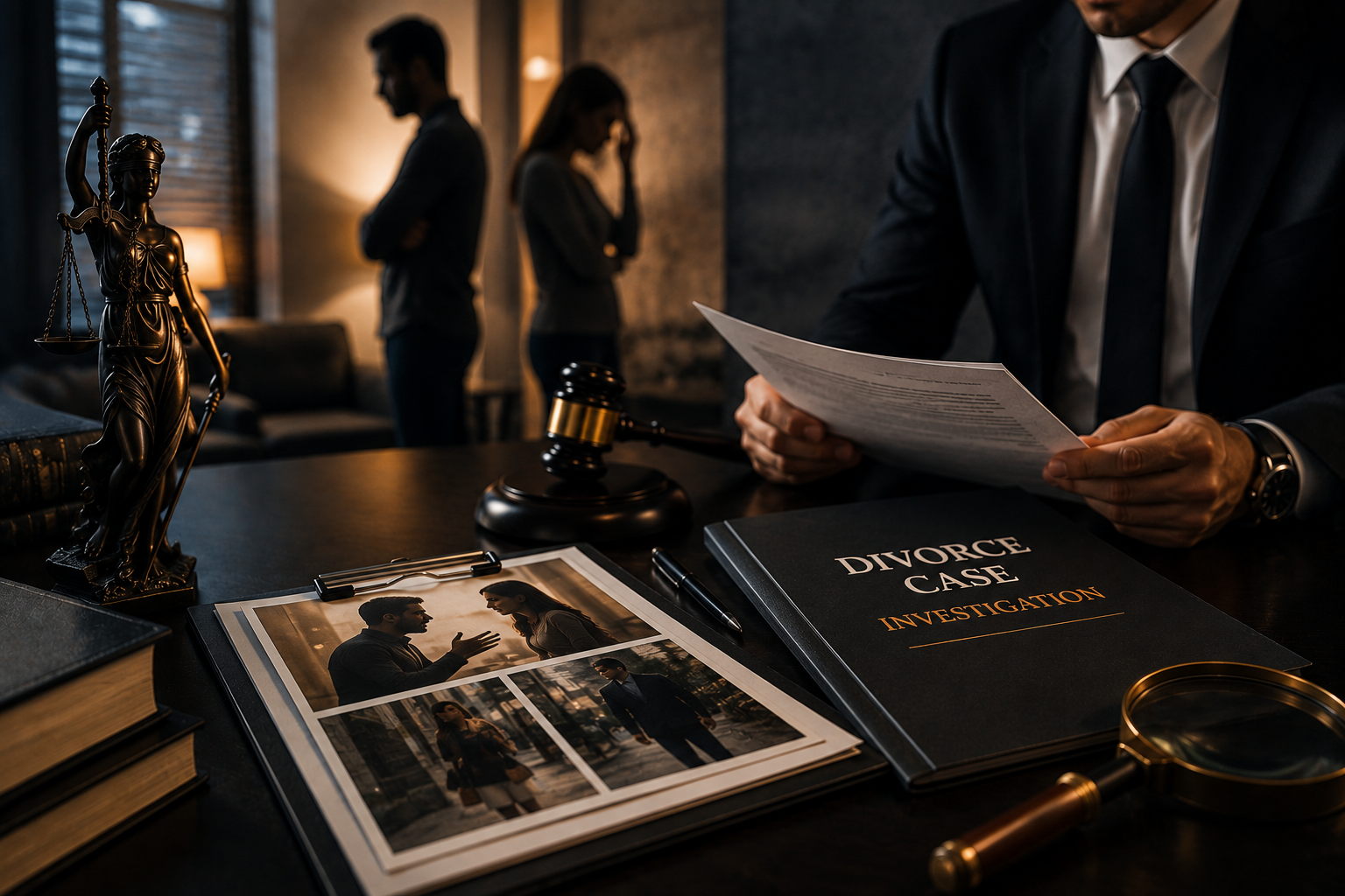 SEO Alt Text: Private investigator reviewing legal evidence and documents for a divorce case investigation while an estranged couple stands apart in the background